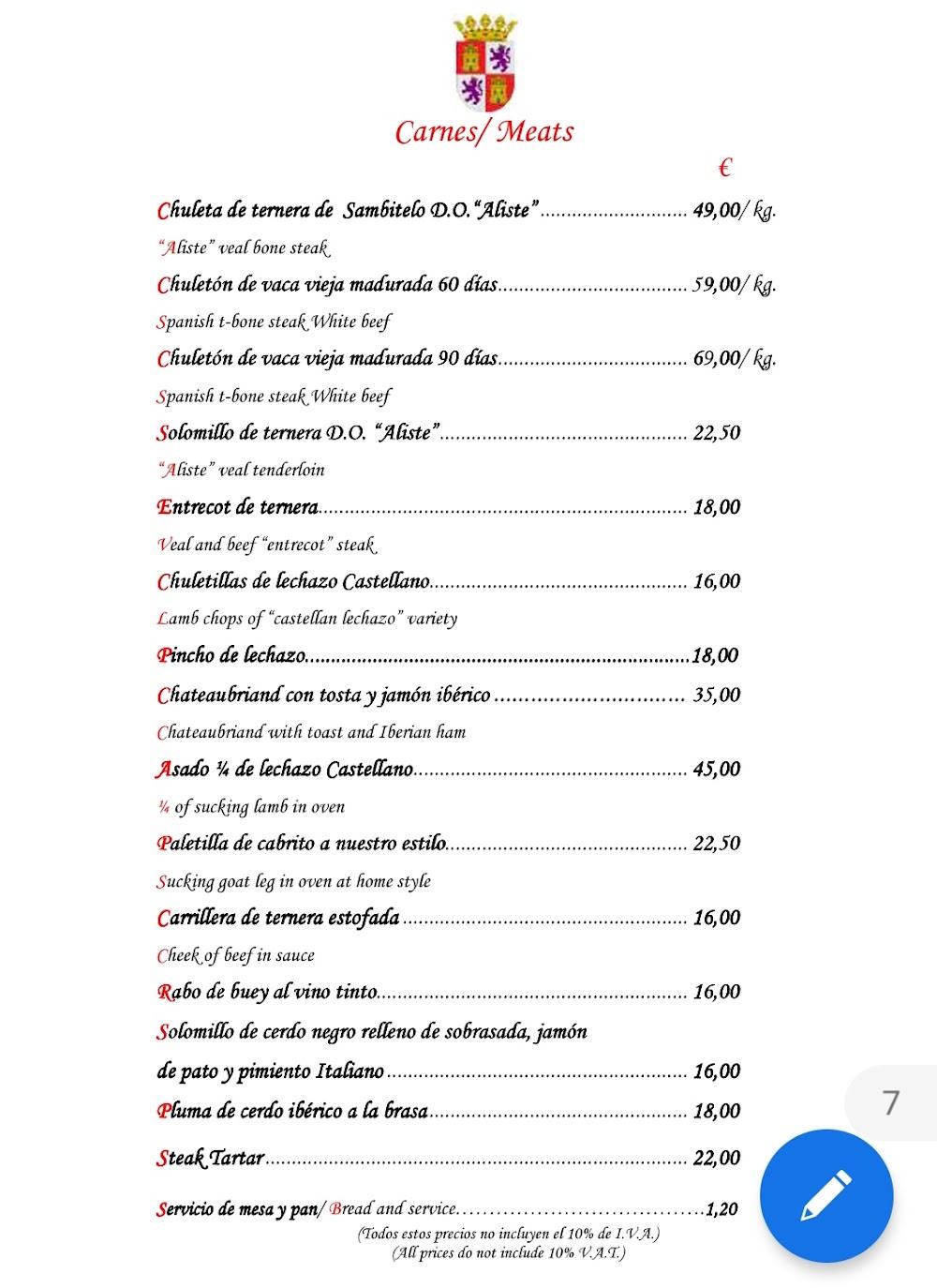 Asador El Pincho de Castilla · carta, página 1
