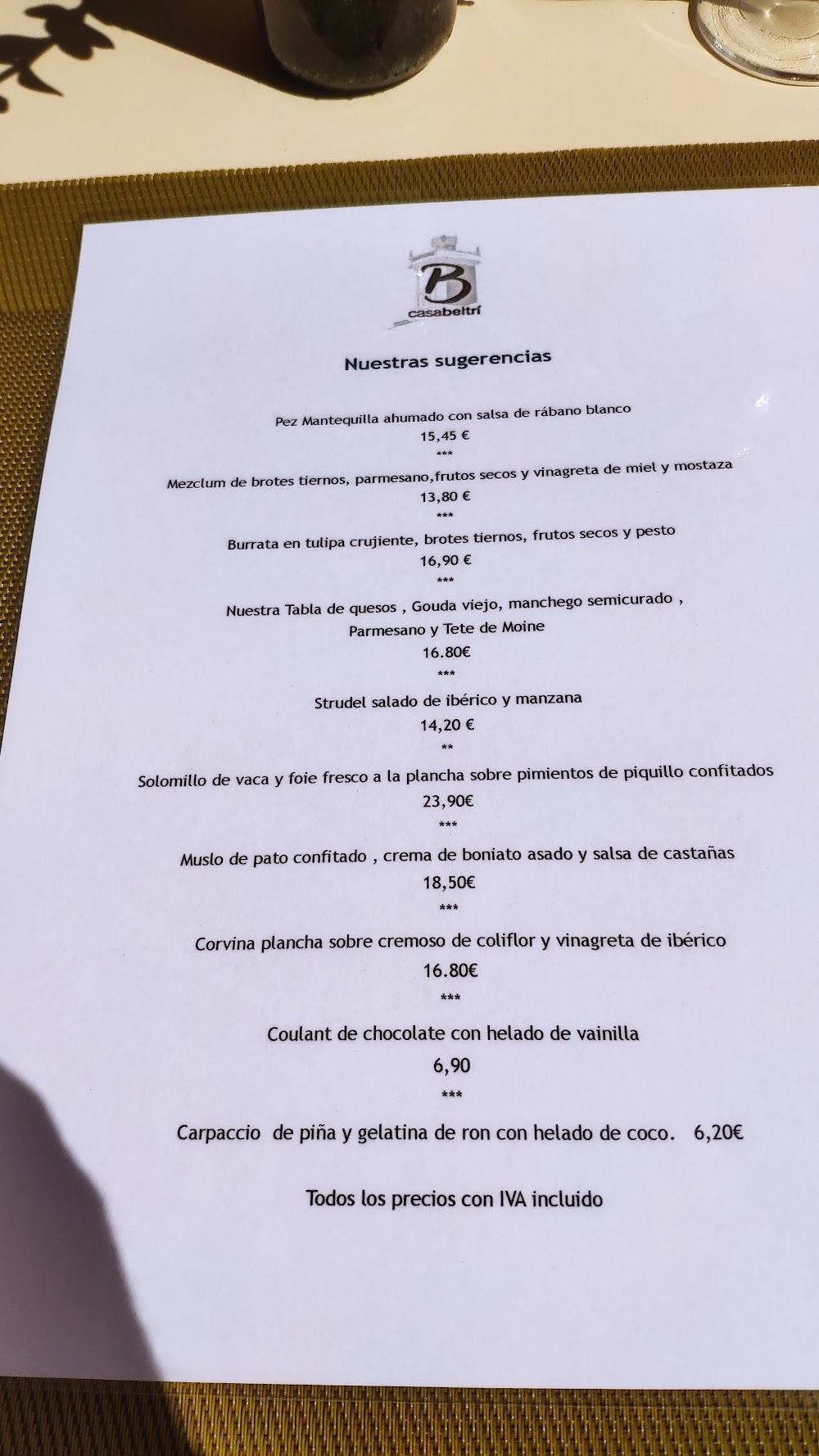 Restaurante Casa Beltrí · carta, página 1