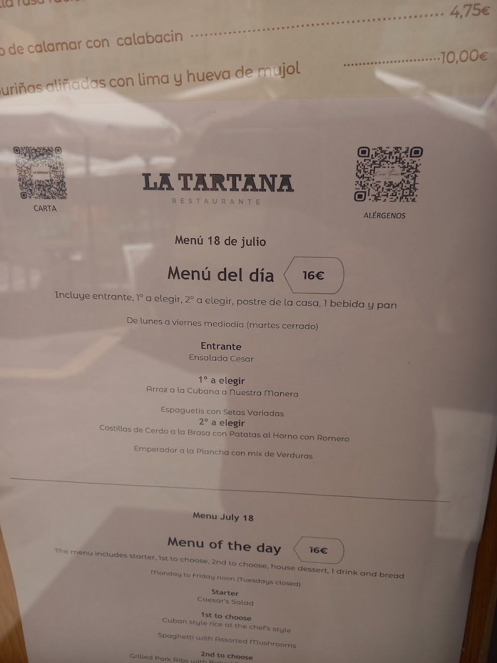 Restaurante La Tartana · carta, página 6