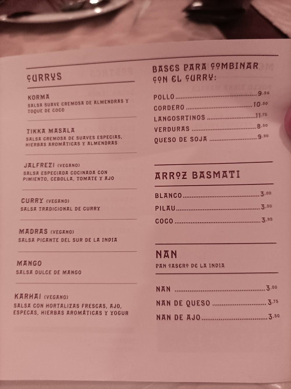Maharani Restaurante Hindú · carta, página 1