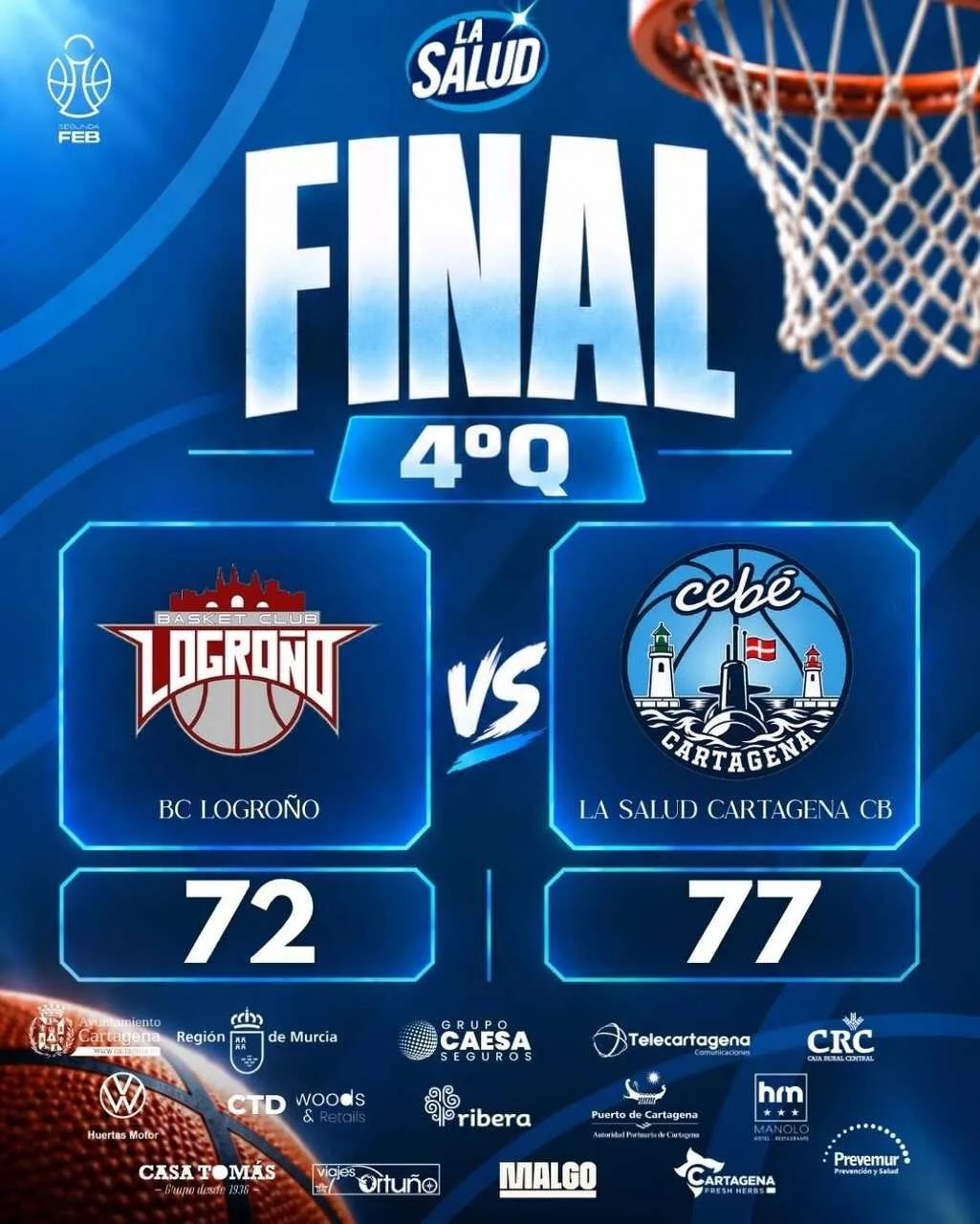 Imagen de la fuente asociada a: Remontada espectacular de La Salud Cartagena CB en Logroño (72-77) para sumar su segunda victoria consecutiva